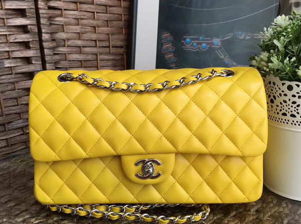 Chanel Classic Flap Bag in Lemon Yellow Lambskin with Silver Hardware For Sale