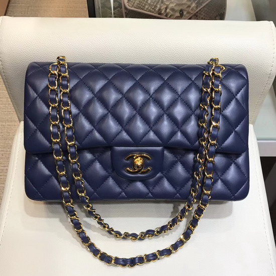 Chanel Classic Flap Bag in Navy Lambskin with Gold Tone Metal Real Leather Lining