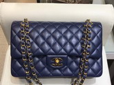 Chanel Classic Flap Bag in Navy Lambskin with Gold Tone Metal Real Leather Lining