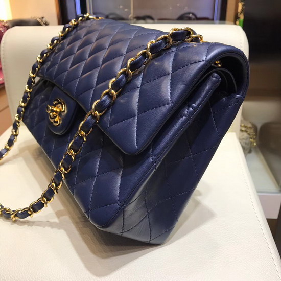 Chanel Classic Flap Bag in Navy Lambskin with Gold Tone Metal Real Leather Lining