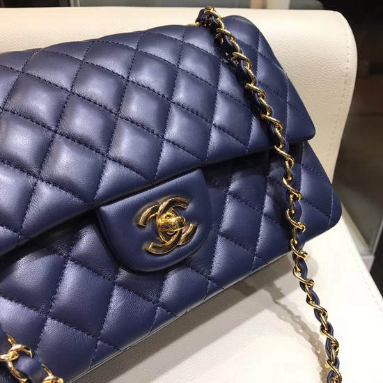 Chanel Classic Flap Bag in Navy Lambskin with Gold Tone Metal Real Leather Lining