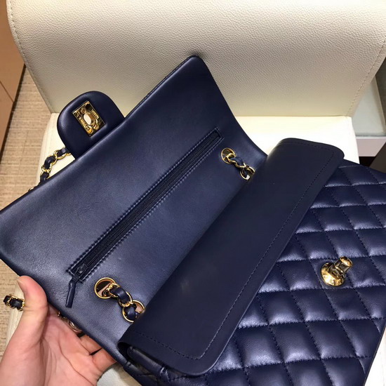 Chanel Classic Flap Bag in Navy Lambskin with Gold Tone Metal Real Leather Lining