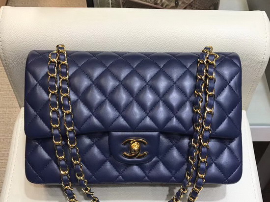 Chanel Classic Flap Bag in Navy Lambskin with Gold Tone Metal Real Leather Lining