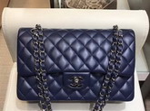 Chanel Classic Flap Bag in Navy Lambskin with Silver Tone Metal Real Leather Lining