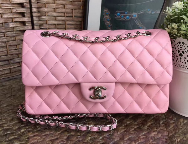 Chanel Classic Flap Bag in Prawn Pink Lambskin with Silver Tone Metal For Sale