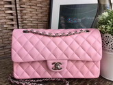 Chanel Classic Flap Bag in Prawn Pink Lambskin with Silver Tone Metal For Sale