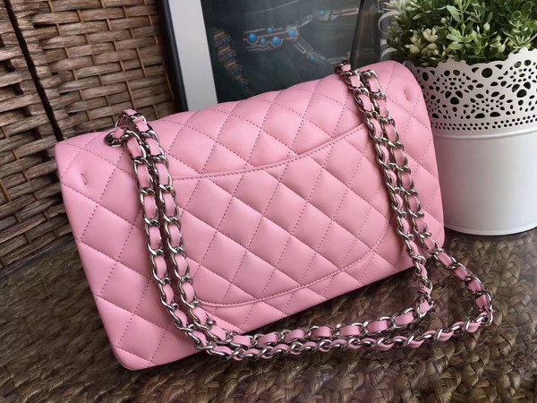 Chanel Classic Flap Bag in Prawn Pink Lambskin with Silver Tone Metal For Sale