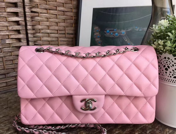 Chanel Classic Flap Bag in Prawn Pink Lambskin with Silver Tone Metal For Sale