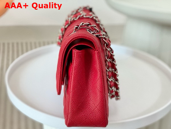 Chanel Classic Flap Bag in Red Grained Calfskin Silver Tone Metal Replica