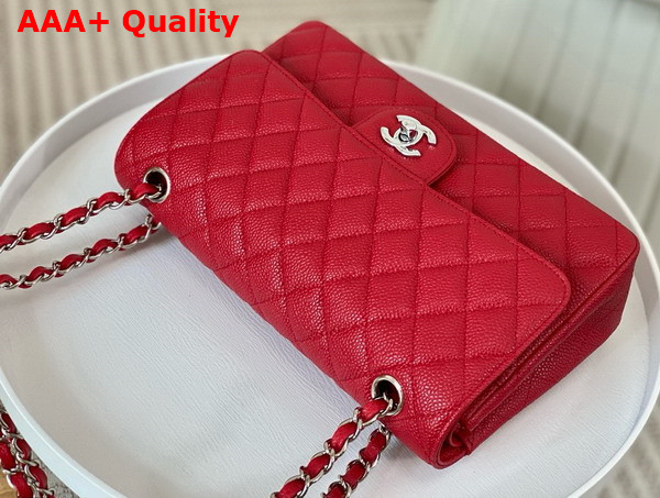 Chanel Classic Flap Bag in Red Grained Calfskin Silver Tone Metal Replica