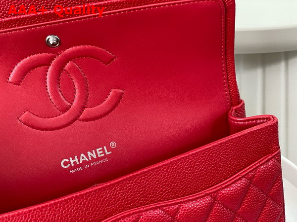 Chanel Classic Flap Bag in Red Grained Calfskin Silver Tone Metal Replica