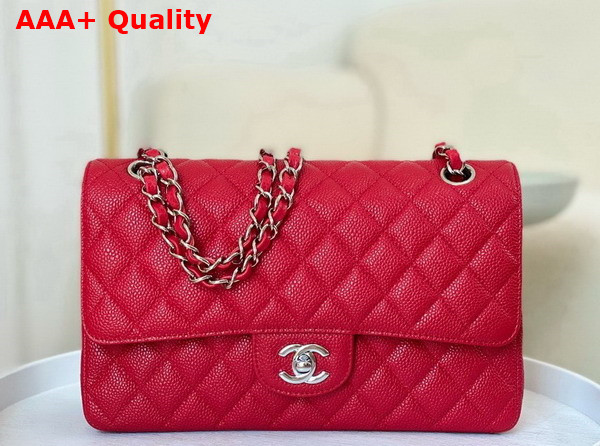 Chanel Classic Flap Bag in Red Grained Calfskin Silver Tone Metal Replica