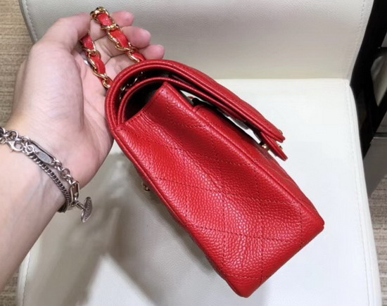 Chanel Classic Flap Bag in Red Grained Calfskin with Gold Tone Metal