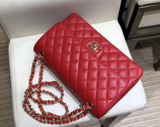 Chanel Classic Flap Bag in Red Grained Calfskin with Gold Tone Metal