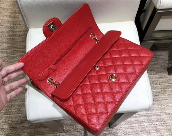 Chanel Classic Flap Bag in Red Grained Calfskin with Gold Tone Metal