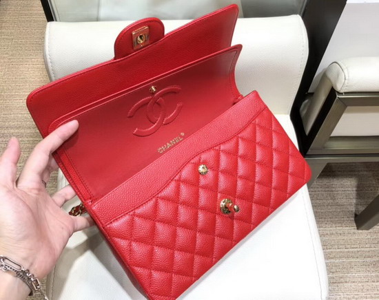 Chanel Classic Flap Bag in Red Grained Calfskin with Gold Tone Metal