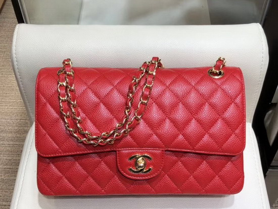 Chanel Classic Flap Bag in Red Grained Calfskin with Gold Tone Metal