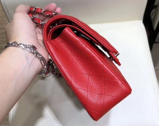 Chanel Classic Flap Bag in Red Grained Calfskin with Silver Tone Metal