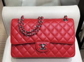 Chanel Classic Flap Bag in Red Grained Calfskin with Silver Tone Metal