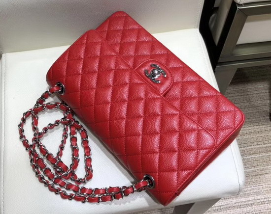 Chanel Classic Flap Bag in Red Grained Calfskin with Silver Tone Metal