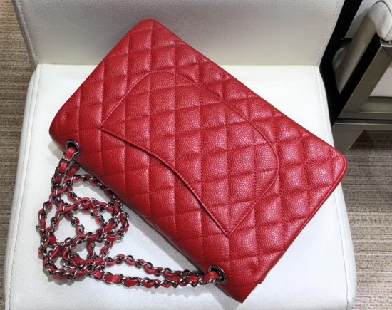 Chanel Classic Flap Bag in Red Grained Calfskin with Silver Tone Metal