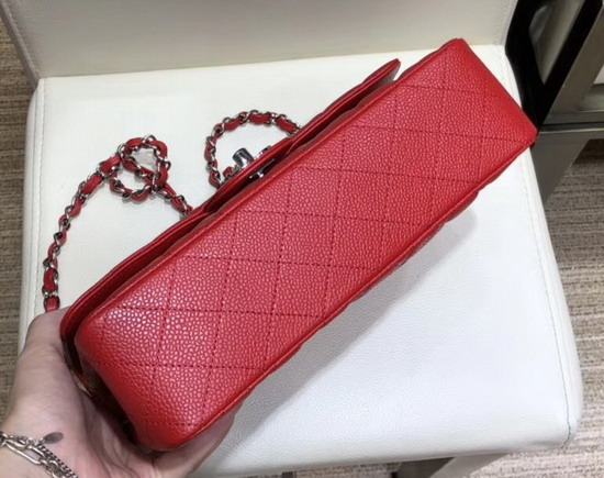 Chanel Classic Flap Bag in Red Grained Calfskin with Silver Tone Metal