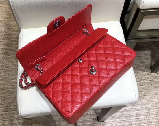 Chanel Classic Flap Bag in Red Grained Calfskin with Silver Tone Metal