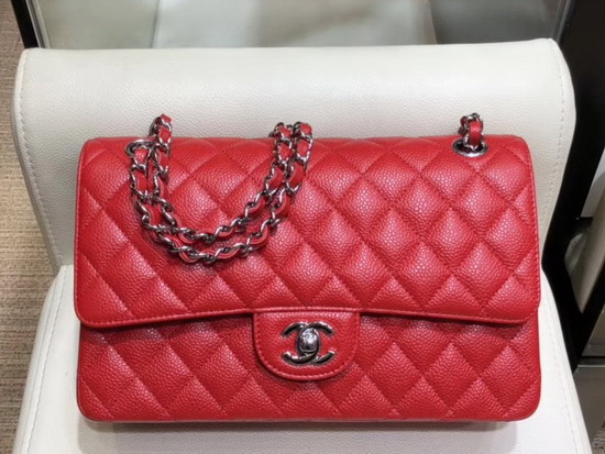 Chanel Classic Flap Bag in Red Grained Calfskin with Silver Tone Metal