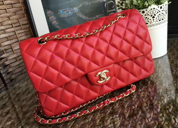 Chanel Classic Flap Bag in Red Lambskin with Gold Hardware For Sale