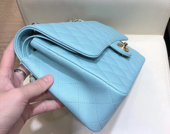 Chanel Classic Flap Bag in Sky Blue Grained Calfskin with Gold Tone Metal