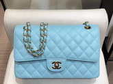 Chanel Classic Flap Bag in Sky Blue Grained Calfskin with Gold Tone Metal