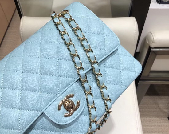 Chanel Classic Flap Bag in Sky Blue Grained Calfskin with Gold Tone Metal