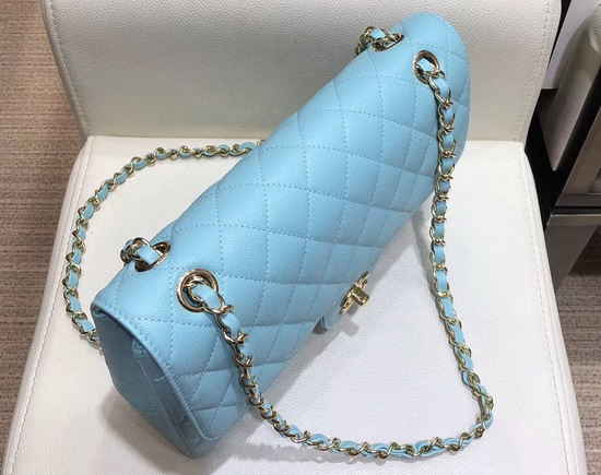 Chanel Classic Flap Bag in Sky Blue Grained Calfskin with Gold Tone Metal