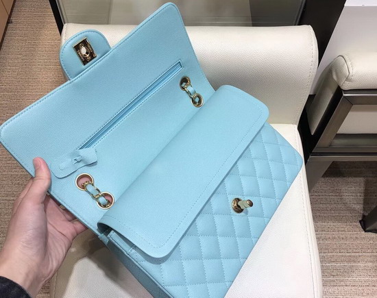 Chanel Classic Flap Bag in Sky Blue Grained Calfskin with Gold Tone Metal