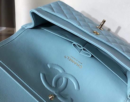 Chanel Classic Flap Bag in Sky Blue Grained Calfskin with Gold Tone Metal