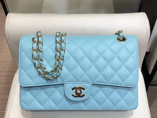 Chanel Classic Flap Bag in Sky Blue Grained Calfskin with Gold Tone Metal