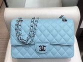 Chanel Classic Flap Bag in Sky Blue Grained Calfskin with Silver Tone Metal