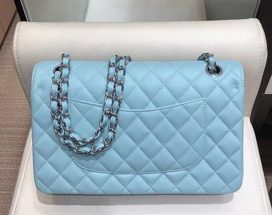 Chanel Classic Flap Bag in Sky Blue Grained Calfskin with Silver Tone Metal