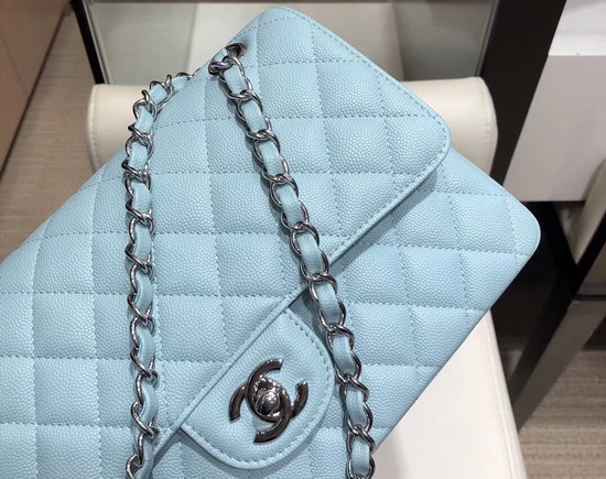 Chanel Classic Flap Bag in Sky Blue Grained Calfskin with Silver Tone Metal