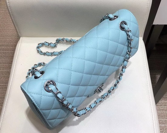 Chanel Classic Flap Bag in Sky Blue Grained Calfskin with Silver Tone Metal