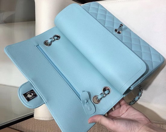 Chanel Classic Flap Bag in Sky Blue Grained Calfskin with Silver Tone Metal