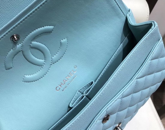 Chanel Classic Flap Bag in Sky Blue Grained Calfskin with Silver Tone Metal