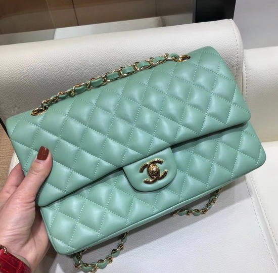 Chanel Classic Flap Bag in Turquoise Lambskin with Gold Tone Metal Real Leather Lining