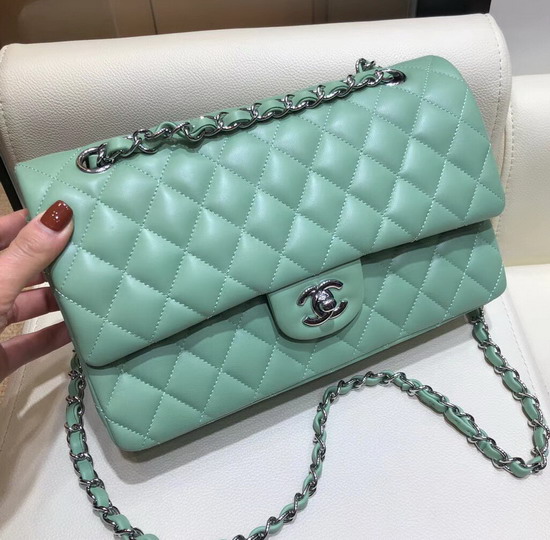 Chanel Classic Flap Bag in Turquoise Lambskin with Silver Tone Metal Real Leather Lining