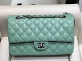 Chanel Classic Flap Bag in Turquoise Lambskin with Silver Tone Metal Real Leather Lining