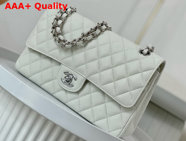 Chanel Classic Flap Bag in White Grained Calfskin Silver Tone Metal Replica