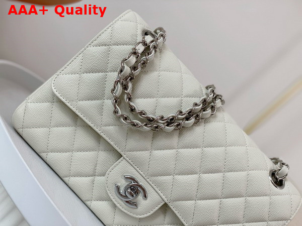 Chanel Classic Flap Bag in White Grained Calfskin Silver Tone Metal Replica