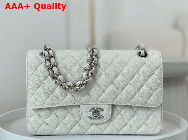 Chanel Classic Flap Bag in White Grained Calfskin Silver Tone Metal Replica