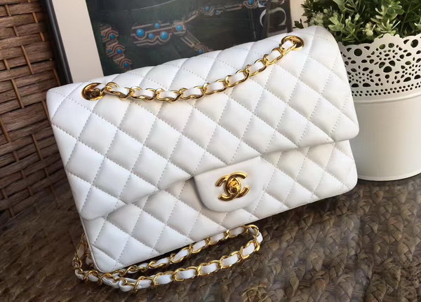 Chanel Classic Flap Bag in White Lambskin with Gold Hardware For Sale