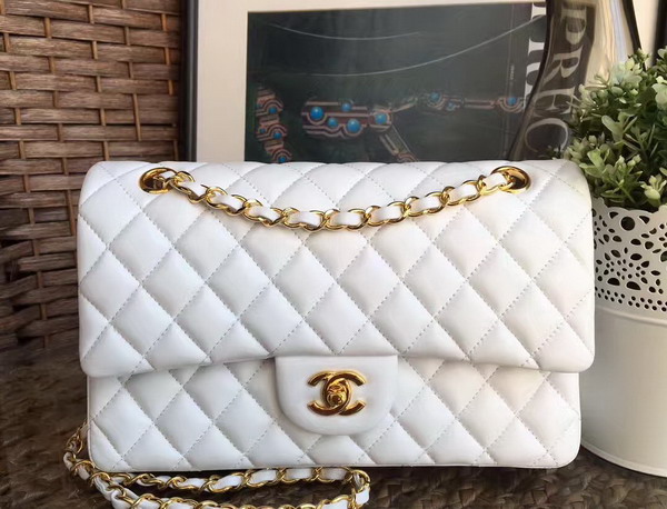 Chanel Classic Flap Bag in White Lambskin with Gold Hardware For Sale